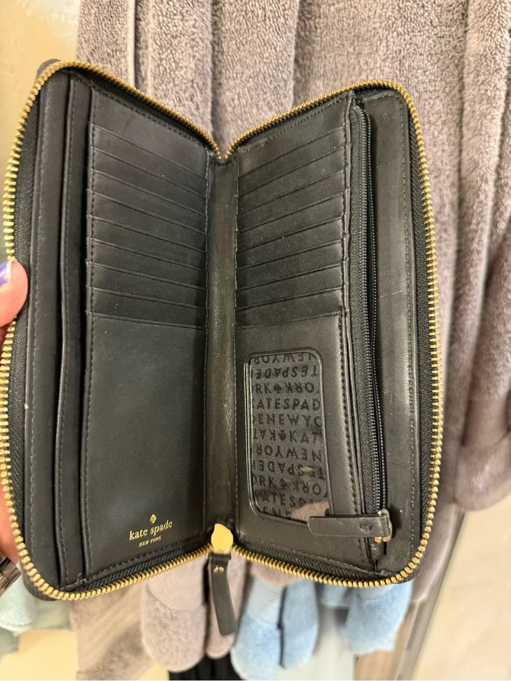 kate spade Black Pebbled Leather Wristlet Clutch with Gold Hardware